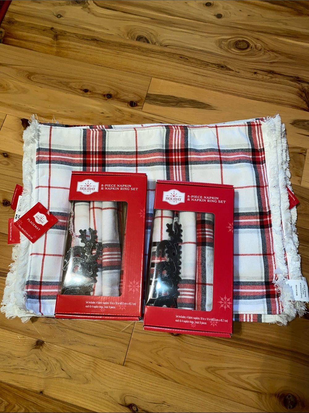 Holiday Plaid Red and White Placemat and Napkin Set with Napkin Rings